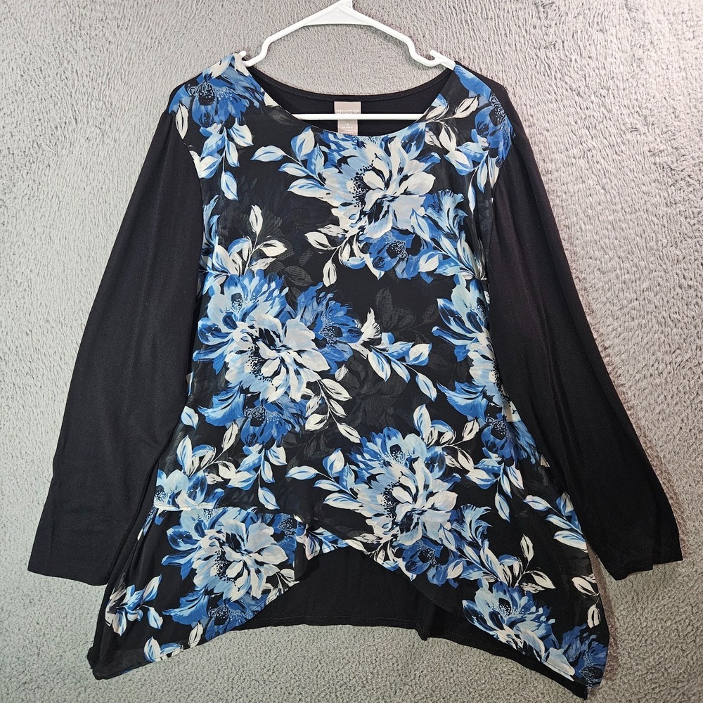 Chico's Top Blouse Women Size 3 XL Asymmetrical Hem Floral Black Blue